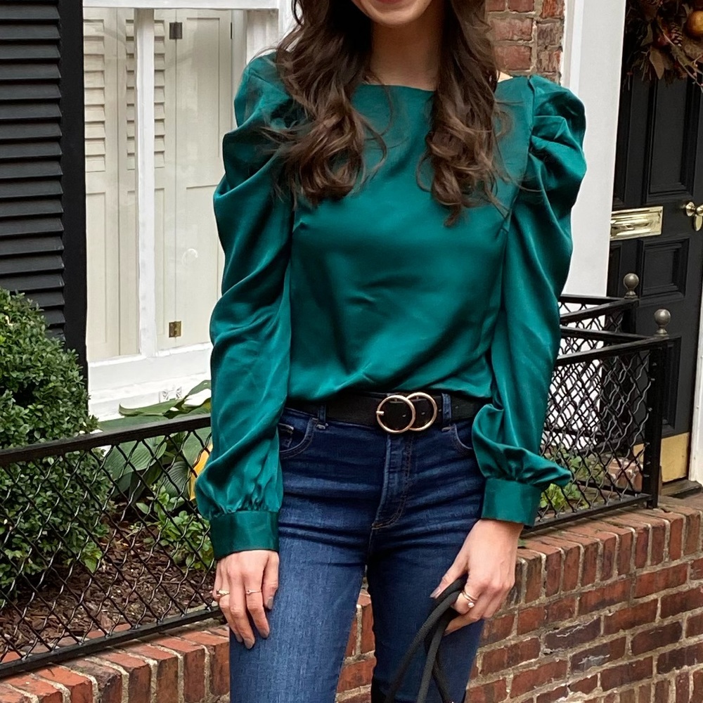Lulus Love You Dearly Forest Green Satin Long Sleeve Top